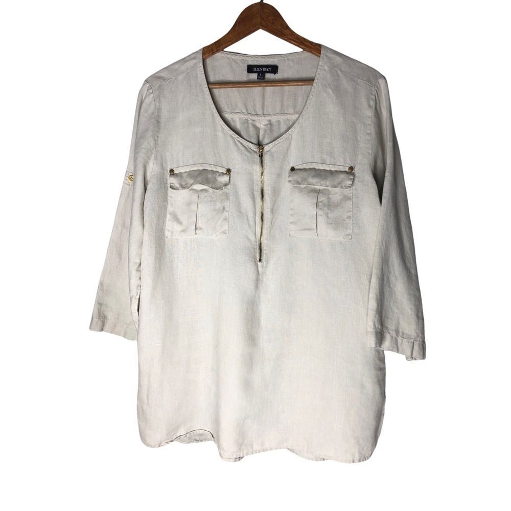 Ellen Tracy Beige 3/4 Roll Tab Sleeve Zip Detail Front Linen Tunic Top